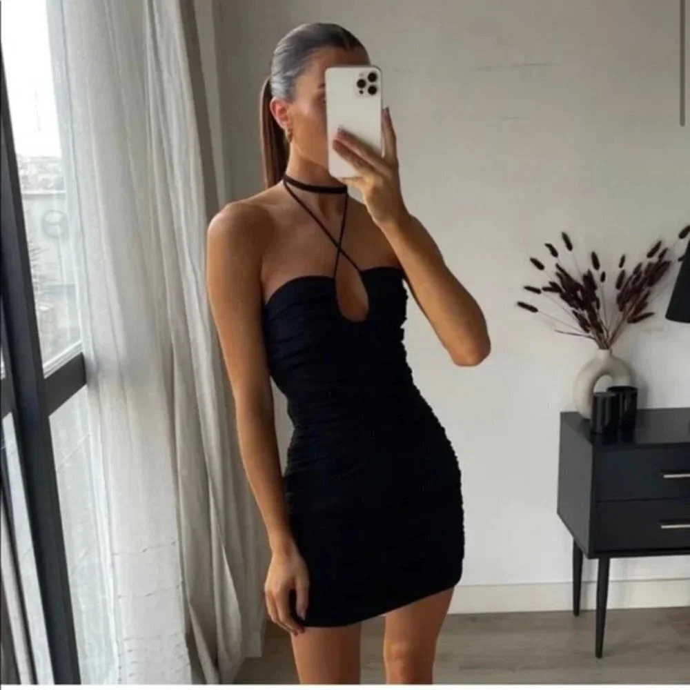 Zara  Halter Ruched Mini Dress Black Blogger Fav Sz L NWT